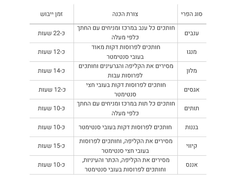 - טבלת פירות מיובשים